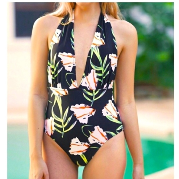 CUPSHE Black Floral Halter Plunging One Piece Swimsuit Size XL Bathing Suit NEW - Picture 1 of 10